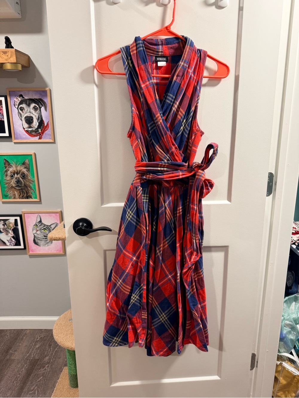 Retrolicious Red and Blue Plaid Sleeveless Wrap Midi Dress
